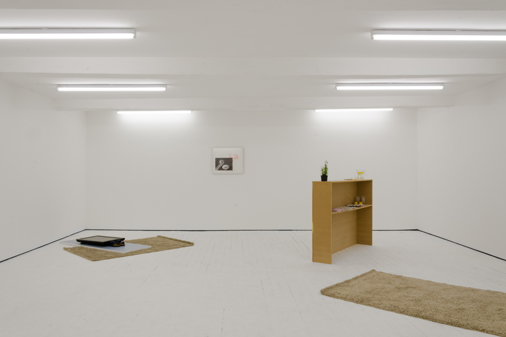 White gallery with cream rugs, wooden bar structure, screen on floor, and framed photo