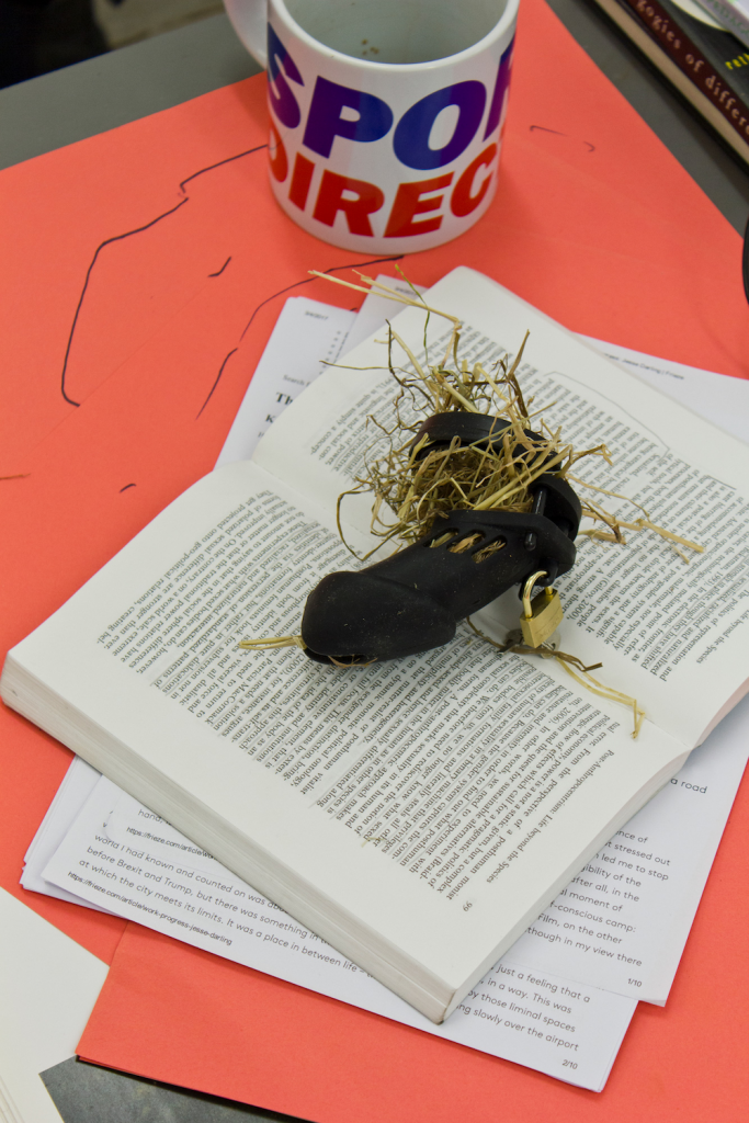 Locked black chastity cage stuffed with straw on a book on top of pink surface and a sports direct mug in the background