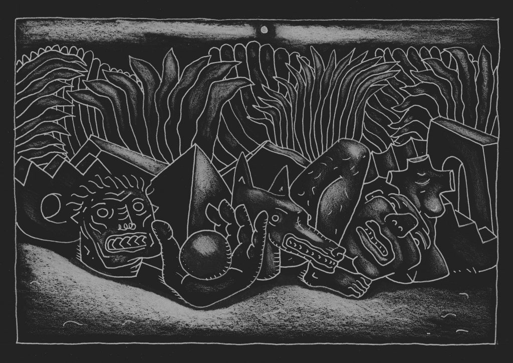 White on black print of various sculptural forms in the foreground and leaves in the background with a line border