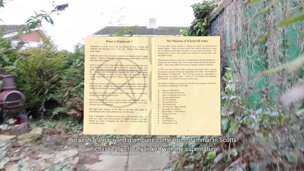 scan of a book on witchcraft overlaid on a garden with the caption 'But yeah glamour and glamourie come from grammar in Scotts which is really closely linked with the supernatural'