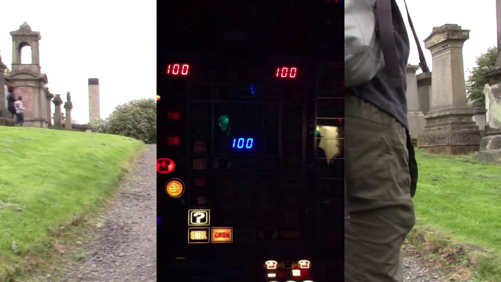 video of a arcade machine laid over a path through a graveyard