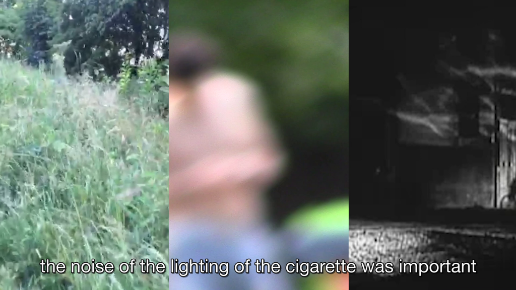 screen in thirds with green grasses, blurry naked male torso, black and white reflections of water on a wall