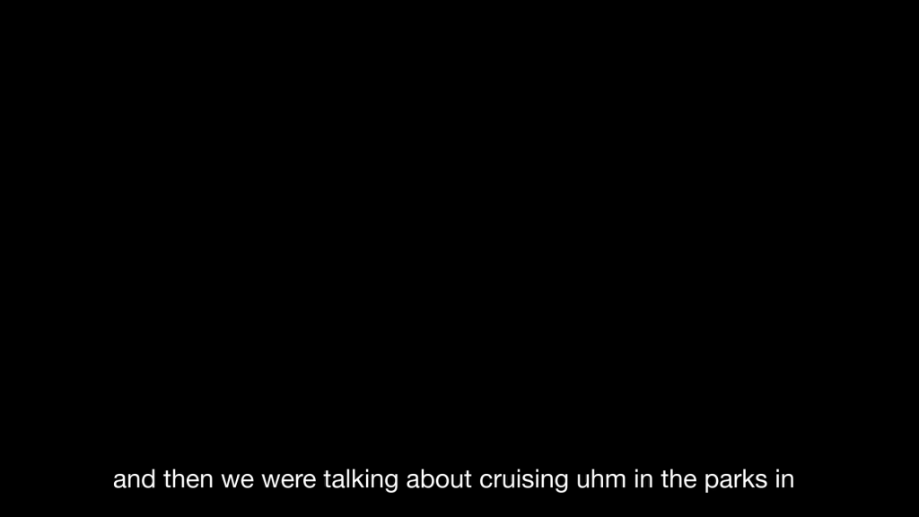 Full black screen with text at the bottom reading 'and then we were talking about cruising uhm in the parks in'