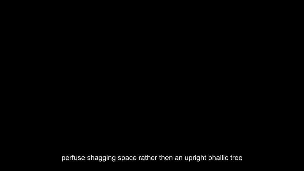 Full black screen with text at the bottom reading 'perfuse shagging space rather then an upright phallic tree'