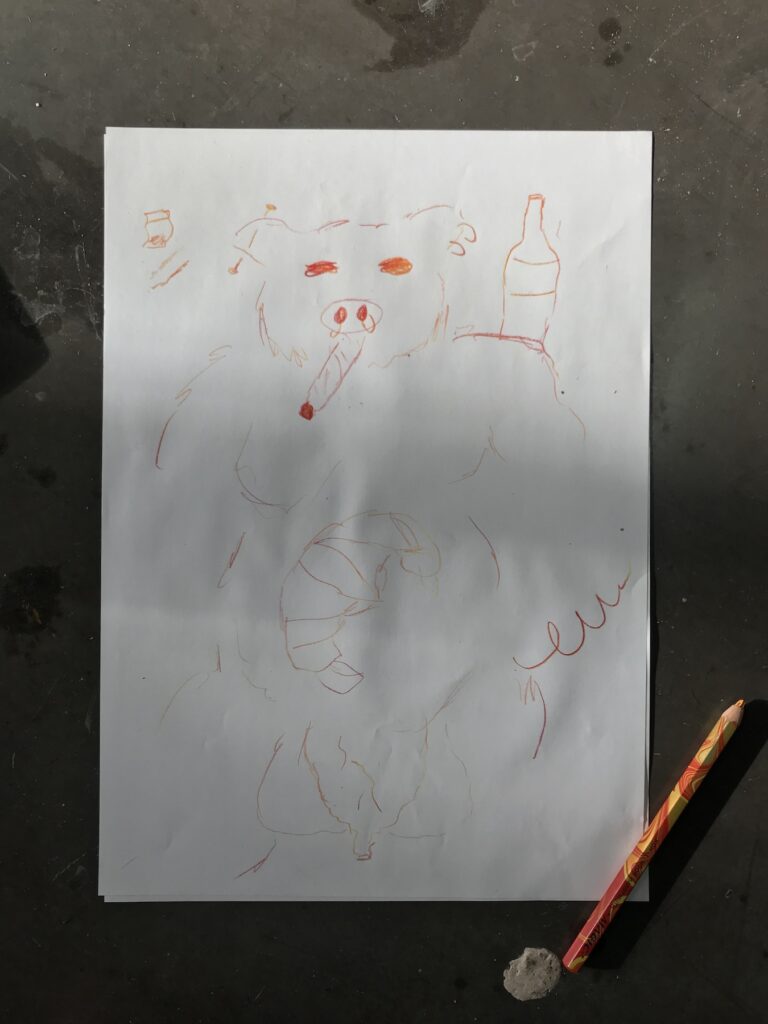 photo of drawing on a3 sheet in red pencil of a pig smoking a cigar with a croissant on their belly