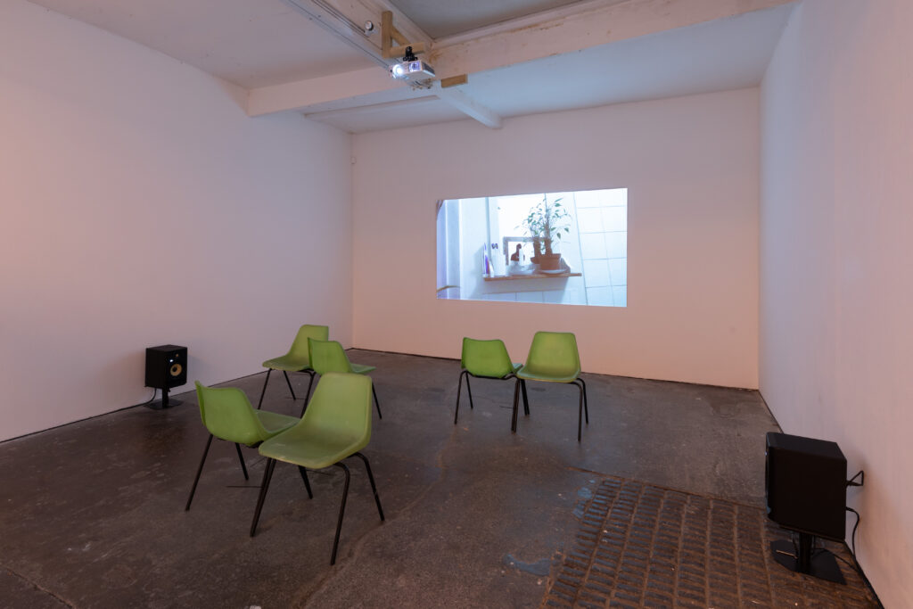 Installation image of a white gallery with a video projection on the back wall of a bathroom shelf with various objects including a plant, a candle and a afro pick black fist comb. In the foreground are green chairs tied together like loveseats.