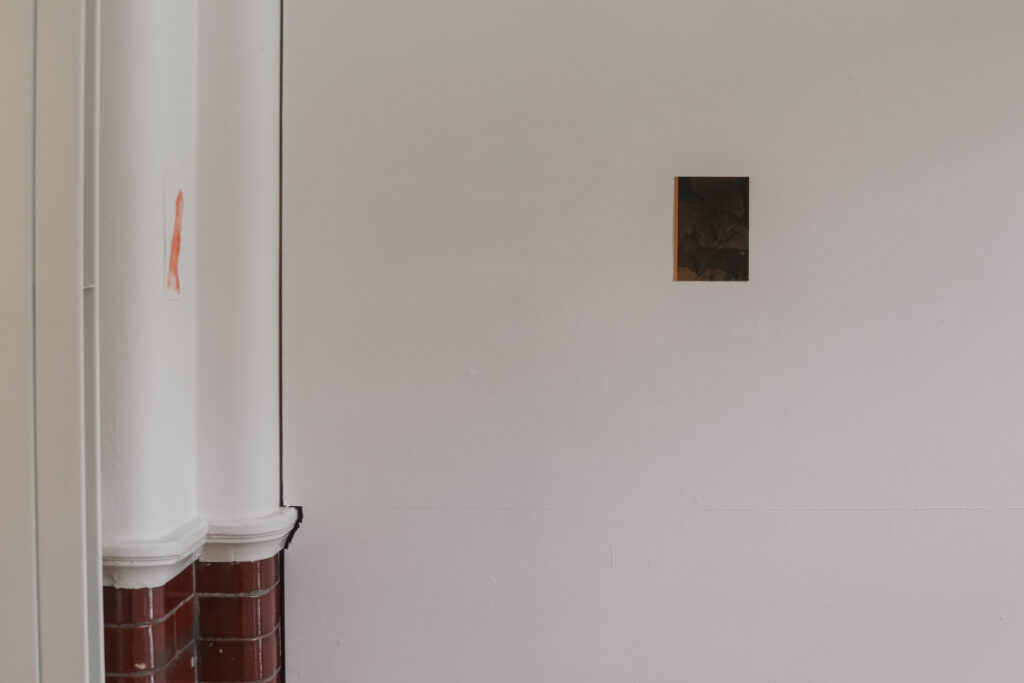 On a white wall with subtle red lighting and some exposed shiny tile bricks is a yellow coloured black and white photograph. On the adjacent wall to the left is a watercolour drawing on paper.