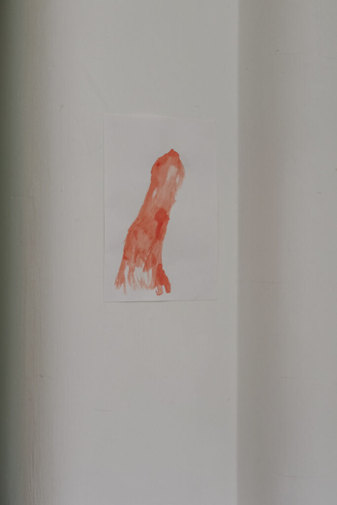 On a white wall with subtle red lighting hangs an abstract yet clearly phallic red watercolour painting.