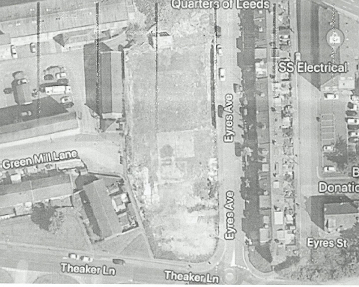 Black-and-white grainy and slightly scuffed aerial view of an area labelled "Quarters of Leeds," showing streets including Eyres Avenue, Theaker Lane, and nearby buildings.